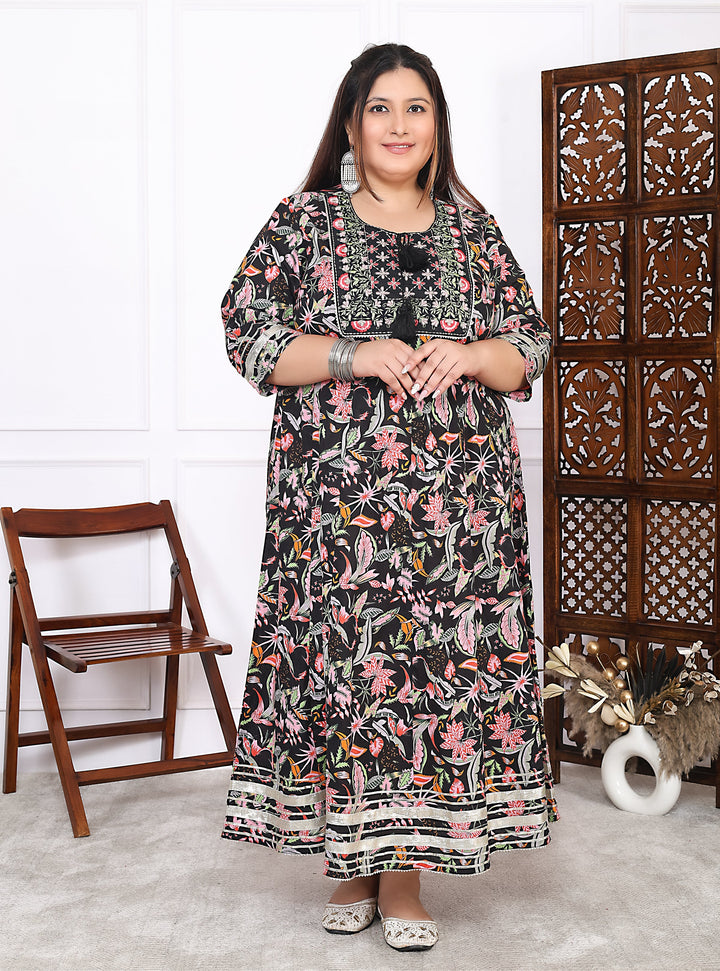 Plus Size Black Cotton Floral Print Embroidered Gown (B23-Black)