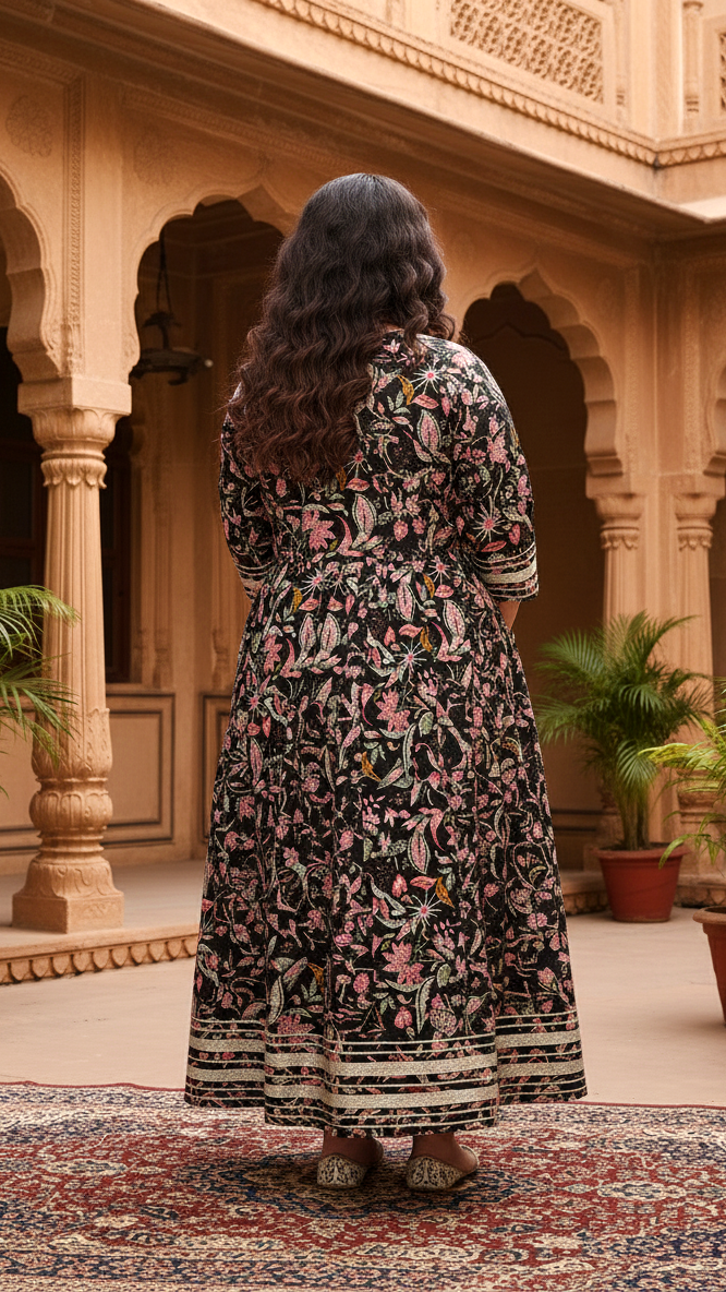 Plus Size Black Cotton Floral Print Embroidered Gown (B23-Black)
