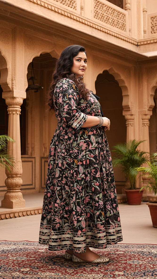 Plus Size Black Cotton Floral Print Embroidered Gown (B23-Black)