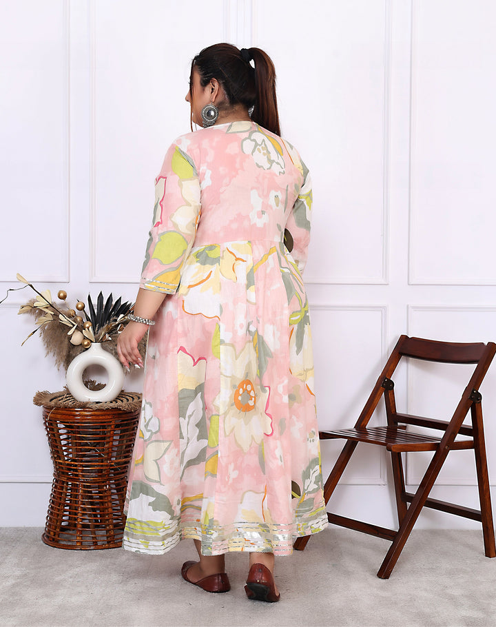 Plus Size Pink Cotton Floral Print Embroidered Long Dress (B24-Pink)