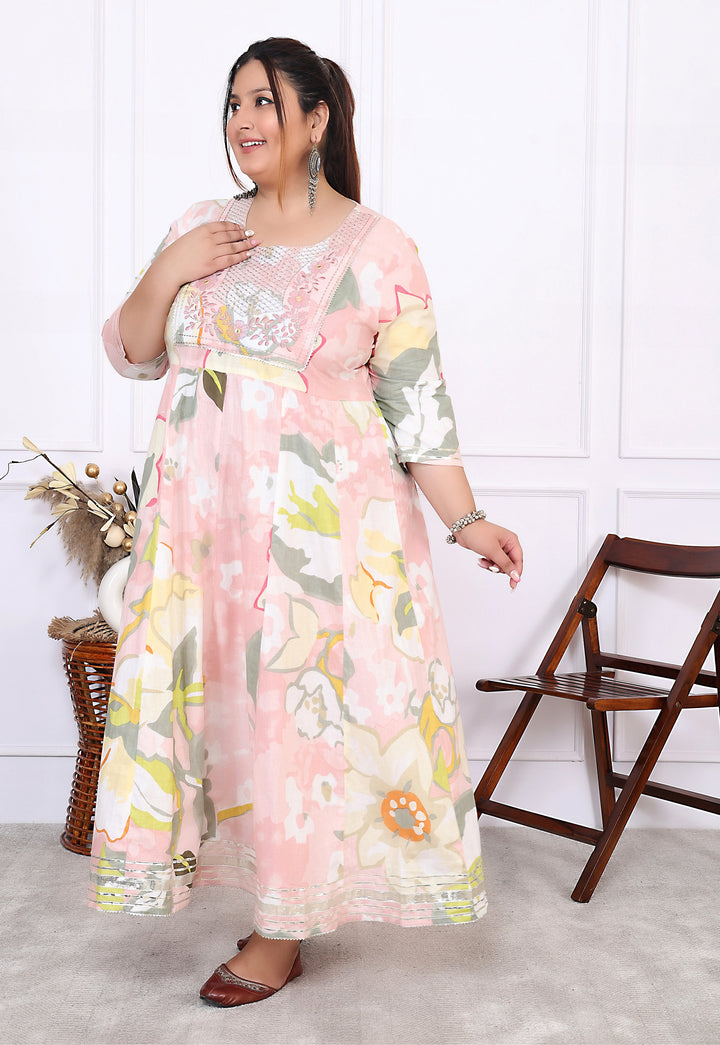 Plus Size Pink Cotton Floral Print Embroidered Long Dress (B24-Pink)