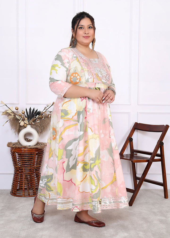 Plus Size Pink Cotton Floral Print Embroidered Long Dress (B24-Pink)