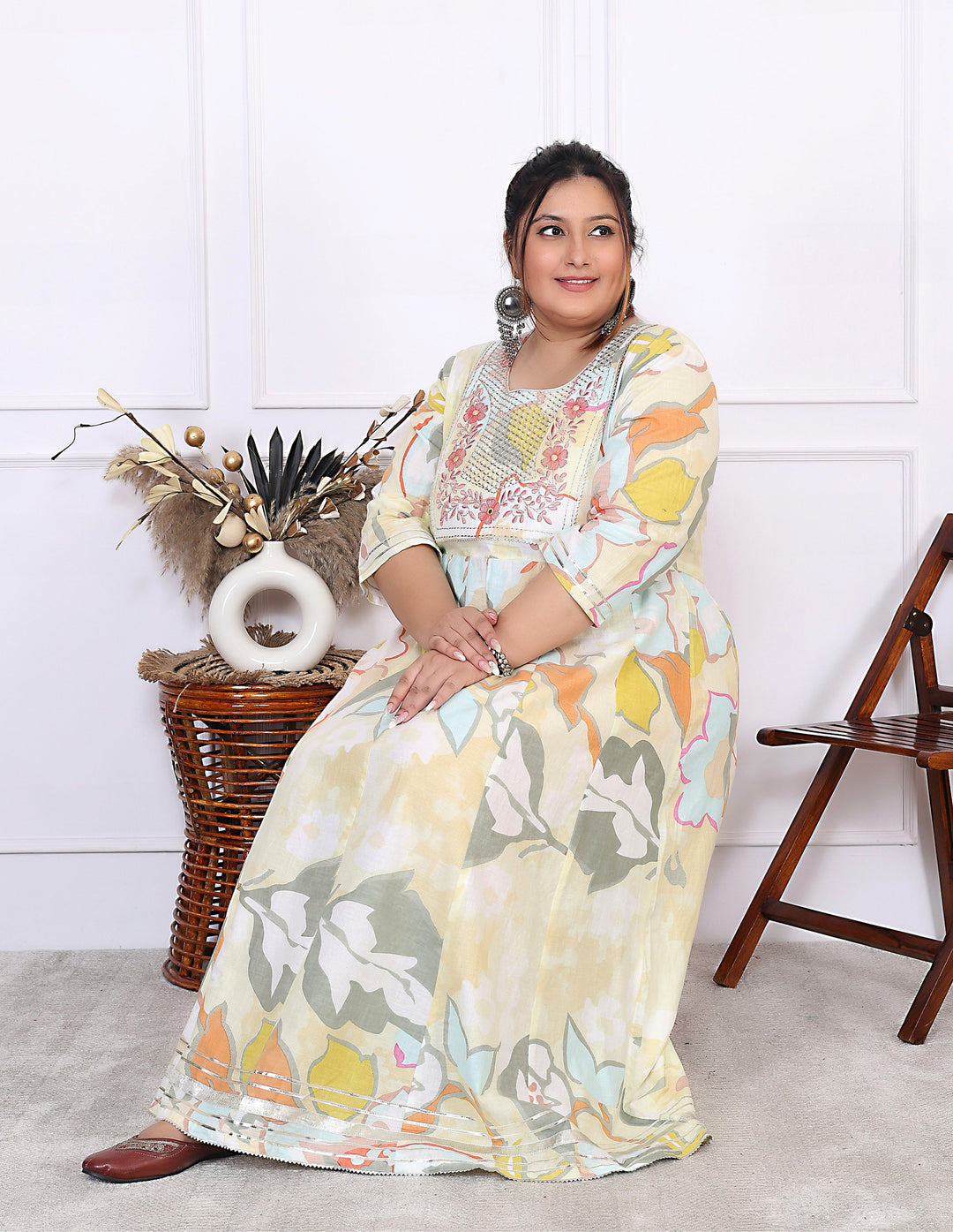 Plus Size Yellow Cotton Floral Print Embroidered Gown (B24-Yellow)