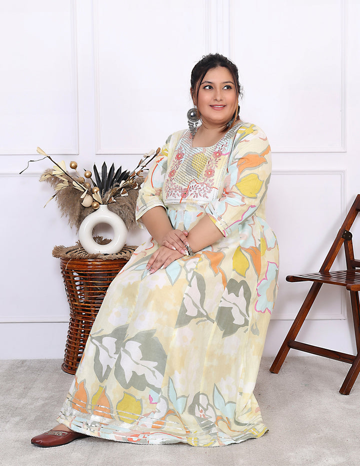 Plus Size Yellow Cotton Floral Print Embroidered Gown (B24-Yellow)