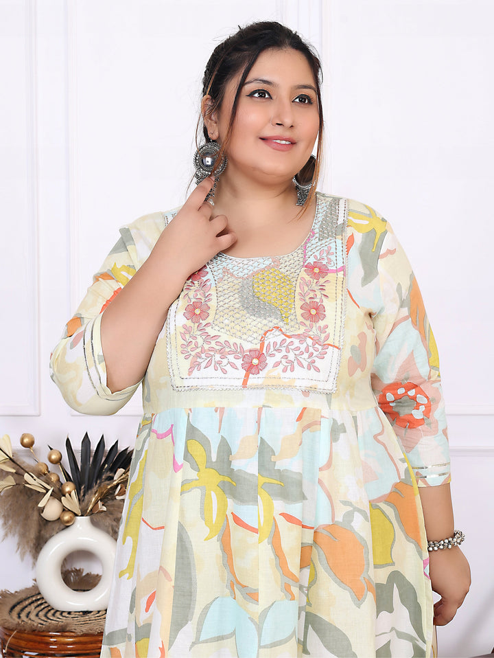 Plus Size Yellow Cotton Floral Print Embroidered Gown (B24-Yellow)