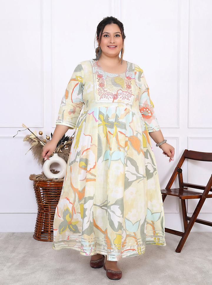 Plus Size Yellow Cotton Floral Print Embroidered Gown (B24-Yellow)