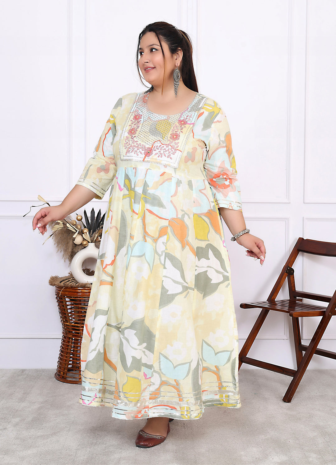 Plus Size Yellow Cotton Floral Print Embroidered Gown (B24-Yellow)