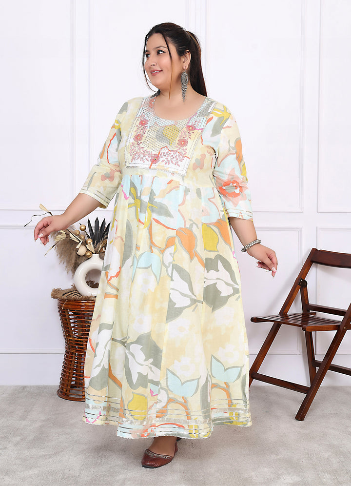 Plus Size Yellow Cotton Floral Print Embroidered Gown (B24-Yellow)