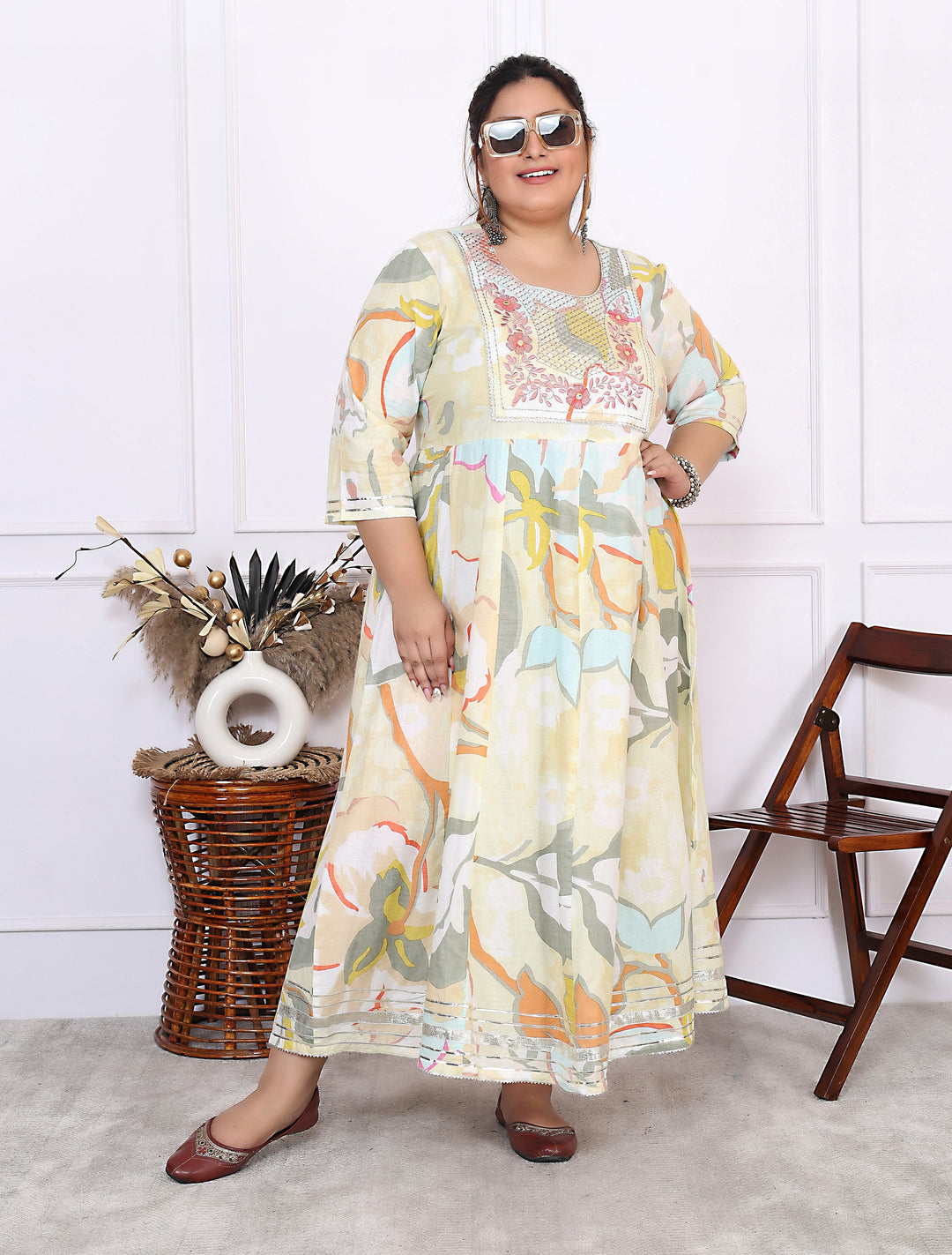 Plus Size Yellow Cotton Floral Print Embroidered Gown (B24-Yellow)