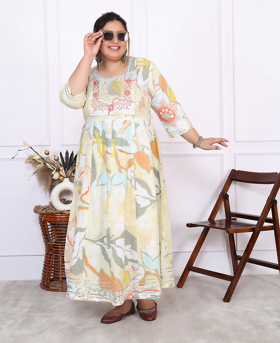 Plus Size Yellow Cotton Floral Print Embroidered Gown (B24-Yellow)