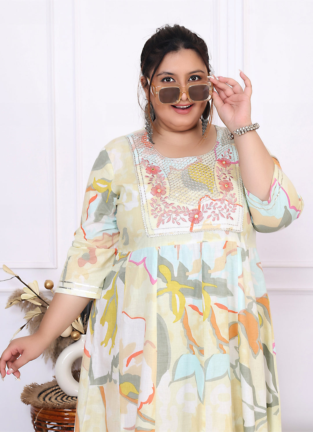 Plus Size Yellow Cotton Floral Print Embroidered Gown (B24-Yellow)