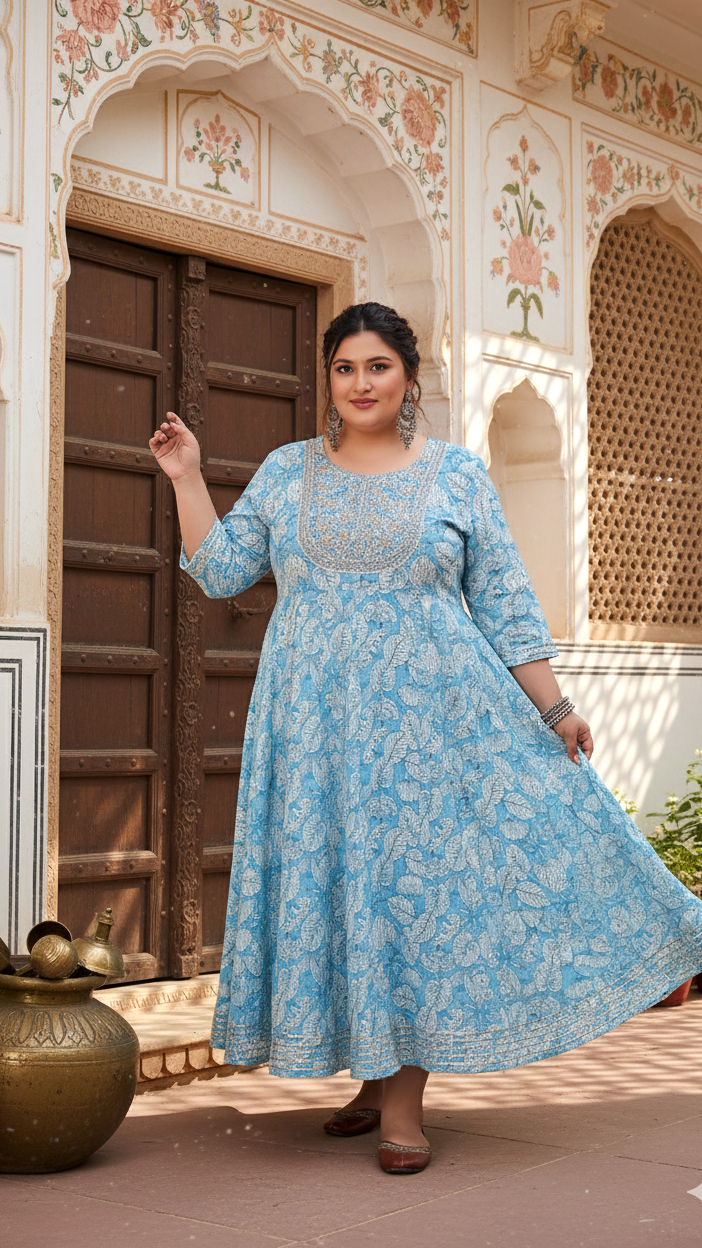 Plus Size Blue Cotton Floral Print Embroidered Gown (B25-Blue)