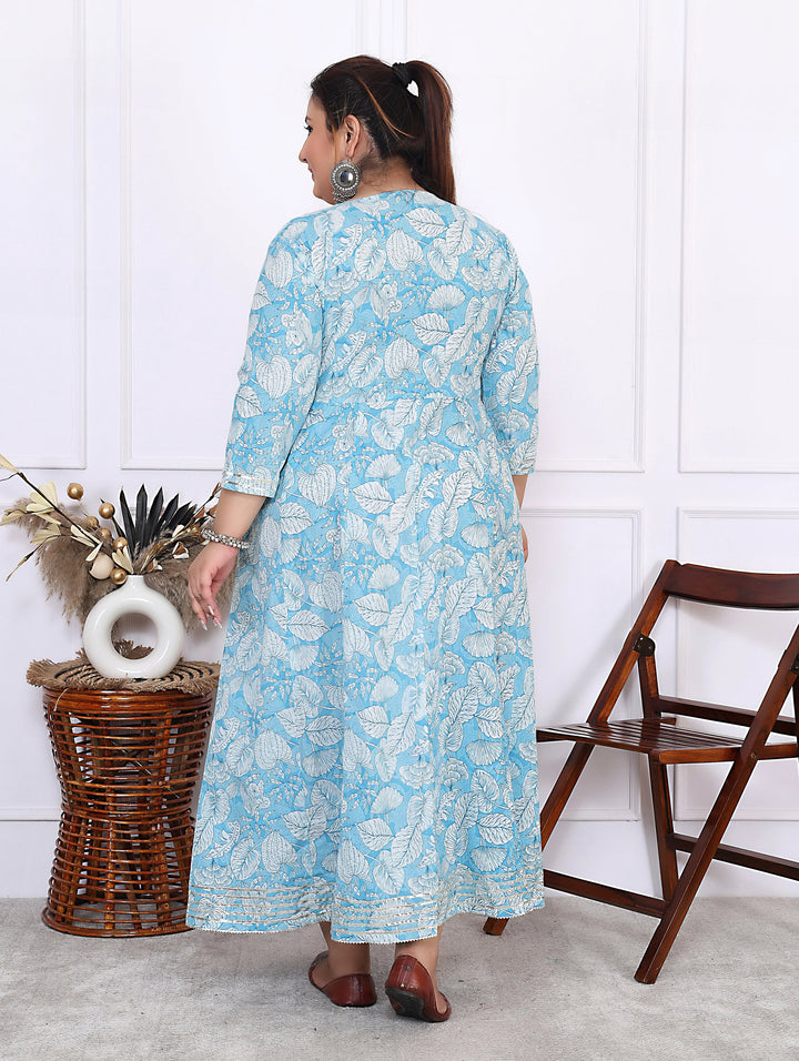 Plus Size Blue Cotton Floral Print Embroidered Gown (B25-Blue)