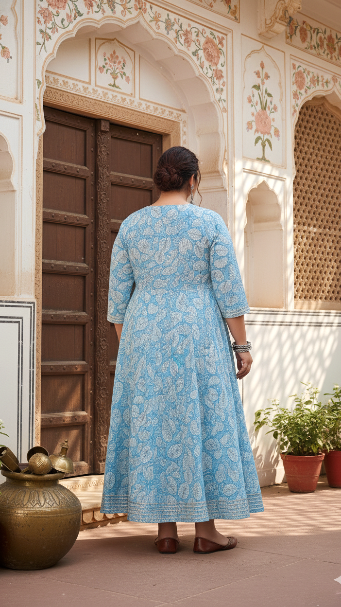 Plus Size Blue Cotton Floral Print Embroidered Gown (B25-Blue)