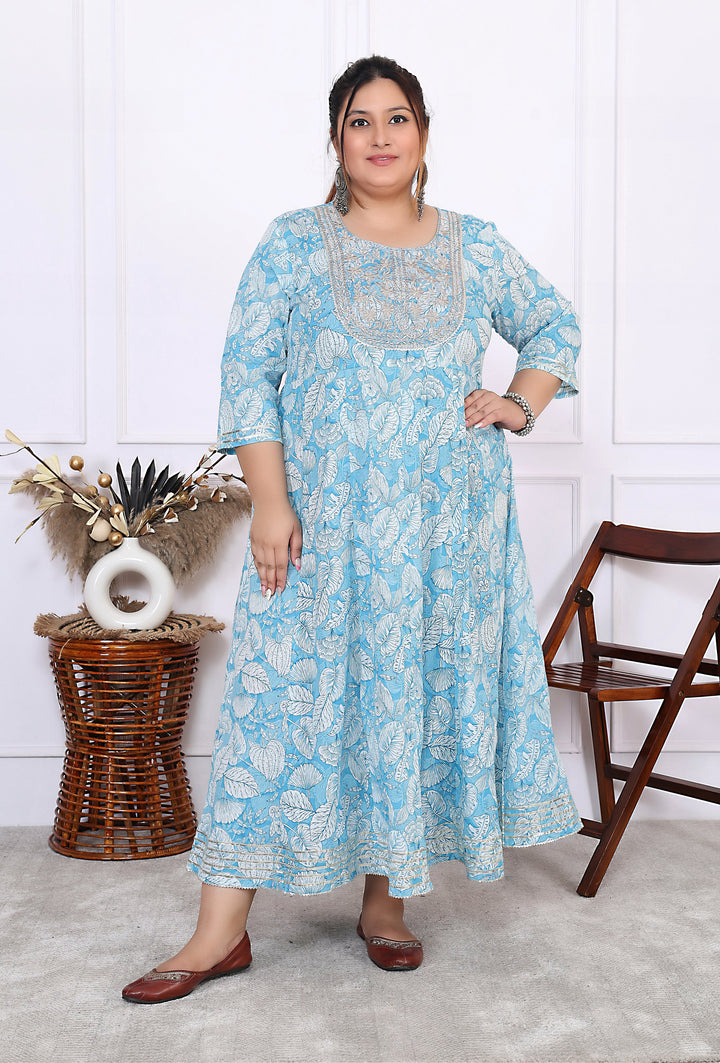 Plus Size Blue Cotton Floral Print Embroidered Gown (B25-Blue)