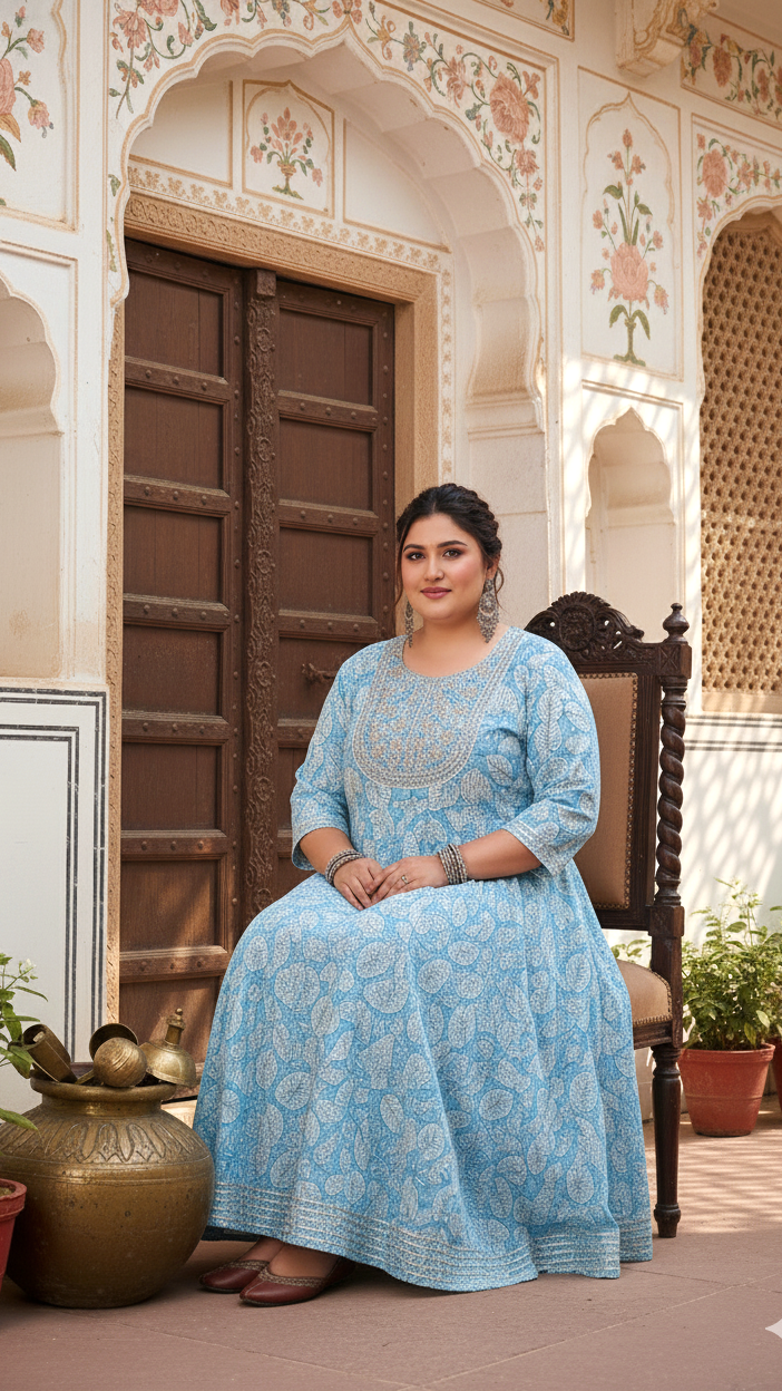 Plus Size Blue Cotton Floral Print Embroidered Gown (B25-Blue)