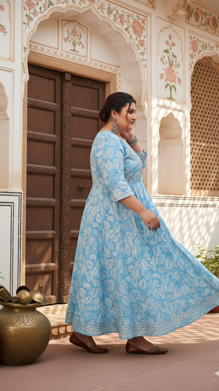 Plus Size Blue Cotton Floral Print Embroidered Gown (B25-Blue)