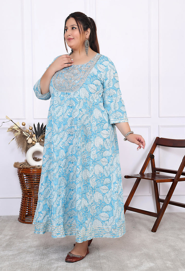 Plus Size Blue Cotton Floral Print Embroidered Gown (B25-Blue)