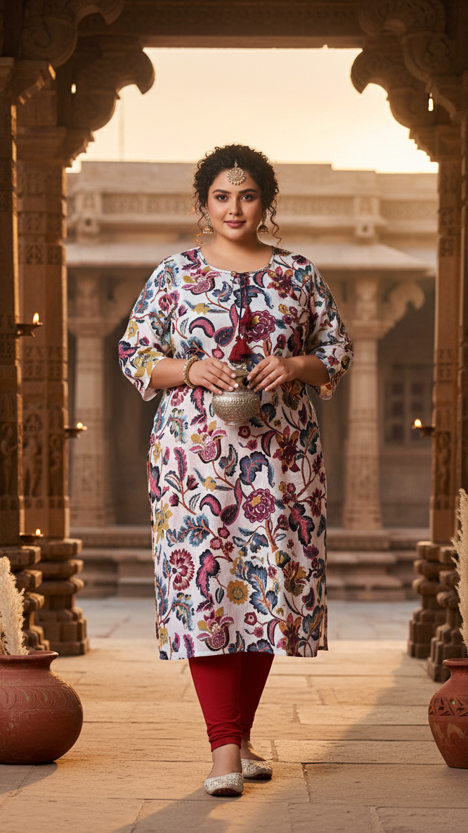 Women Printed Cotton Straight Kurta (B26-Multicolor)