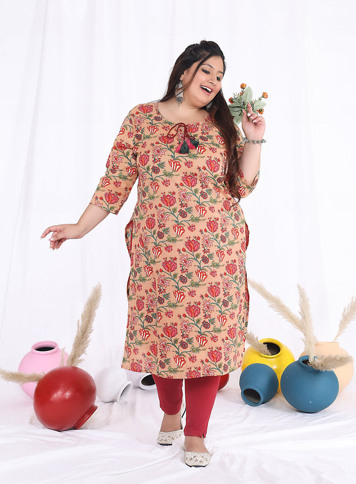 Women Printed Cotton Straight Kurta (B27-Beige)