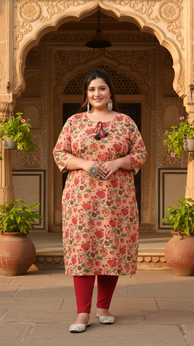 Women Printed Cotton Straight Kurta (B27-Beige)