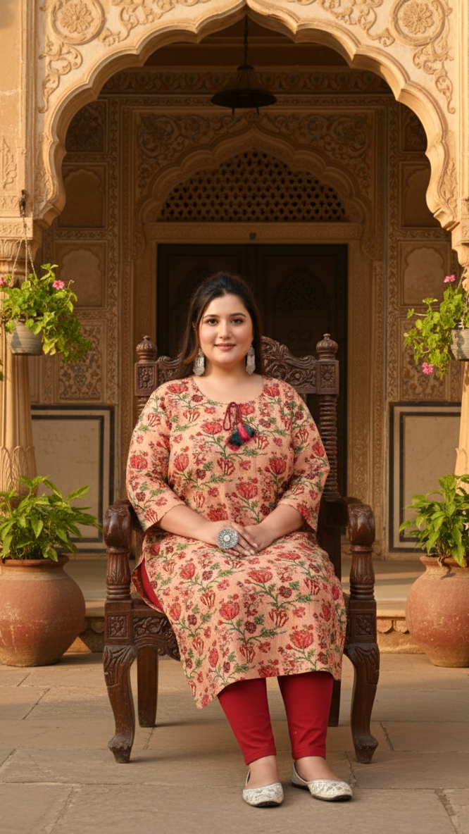 Women Printed Cotton Straight Kurta (B27-Beige)