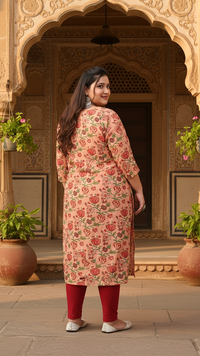 Women Printed Cotton Straight Kurta (B27-Beige)