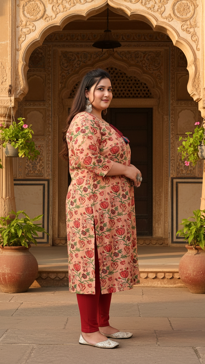 Women Printed Cotton Straight Kurta (B27-Beige)