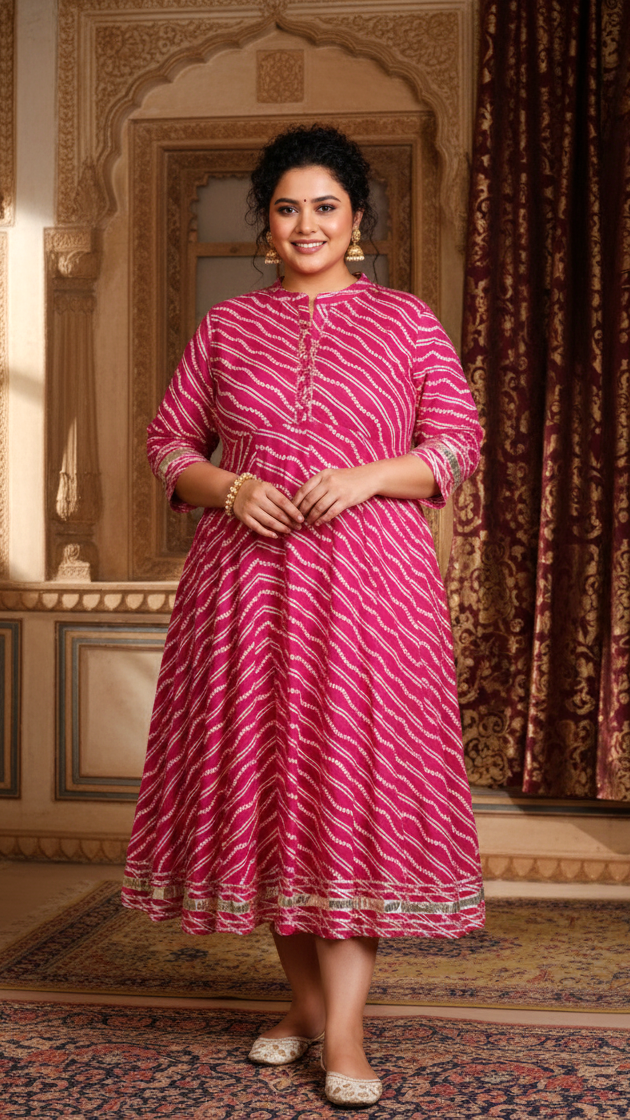 Plus Size Pink Cotton Blend Lahariya Print Gown (B28-Pink)