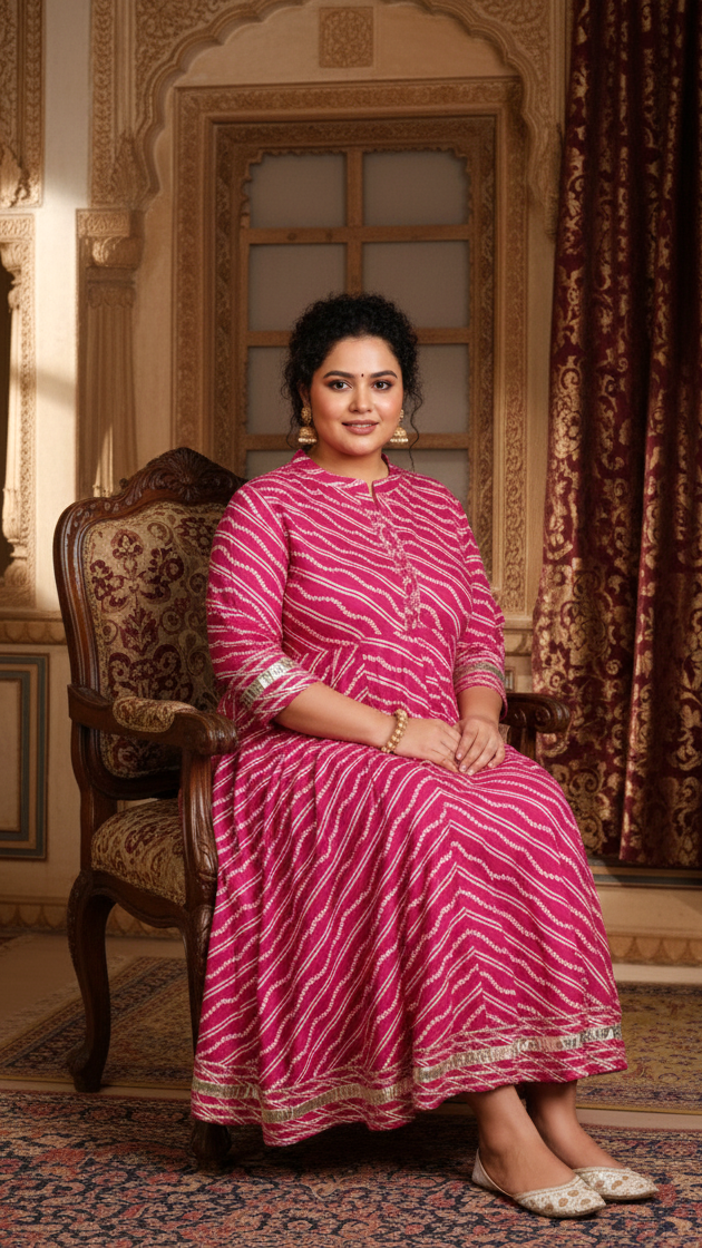 Plus Size Pink Cotton Blend Lahariya Print Gown (B28-Pink)