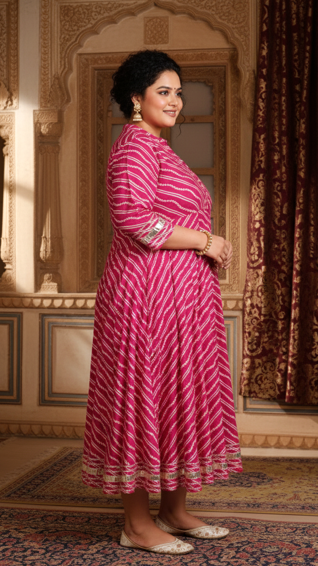 Plus Size Pink Cotton Blend Lahariya Print Gown (B28-Pink)