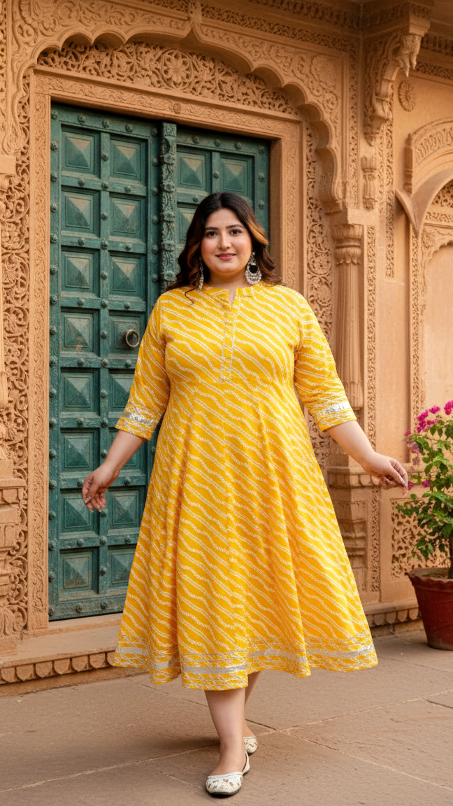 Plus Size Yellow Cotton Blend Lahariya Print Gown (B28-Yellow)