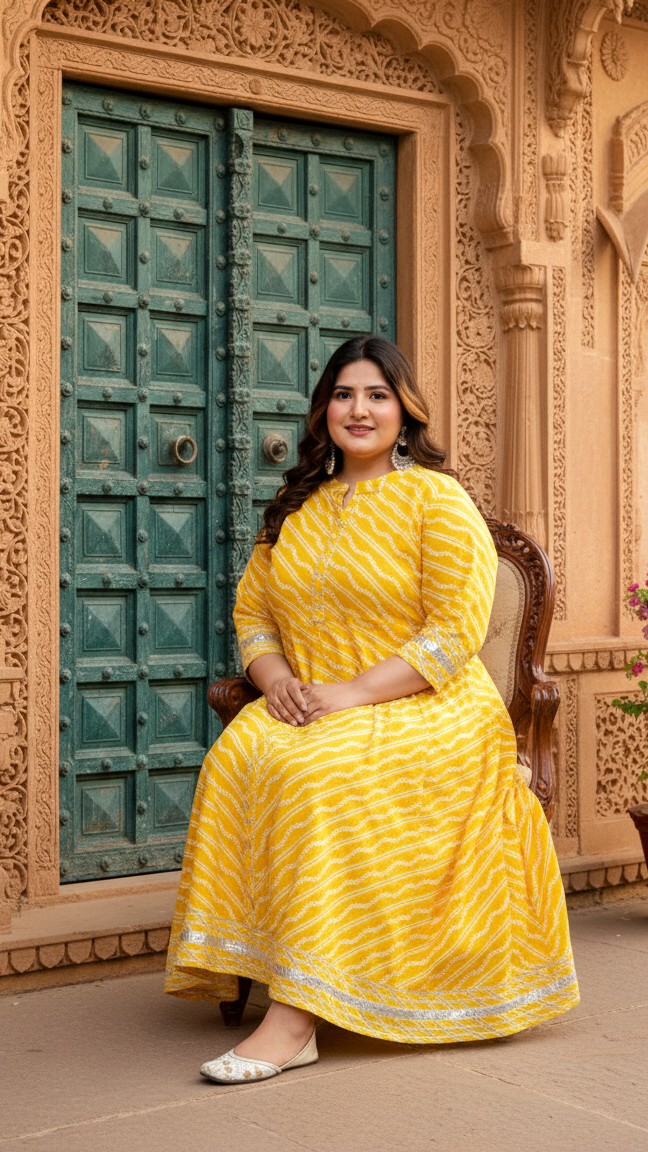 Plus Size Yellow Cotton Blend Lahariya Print Gown (B28-Yellow)