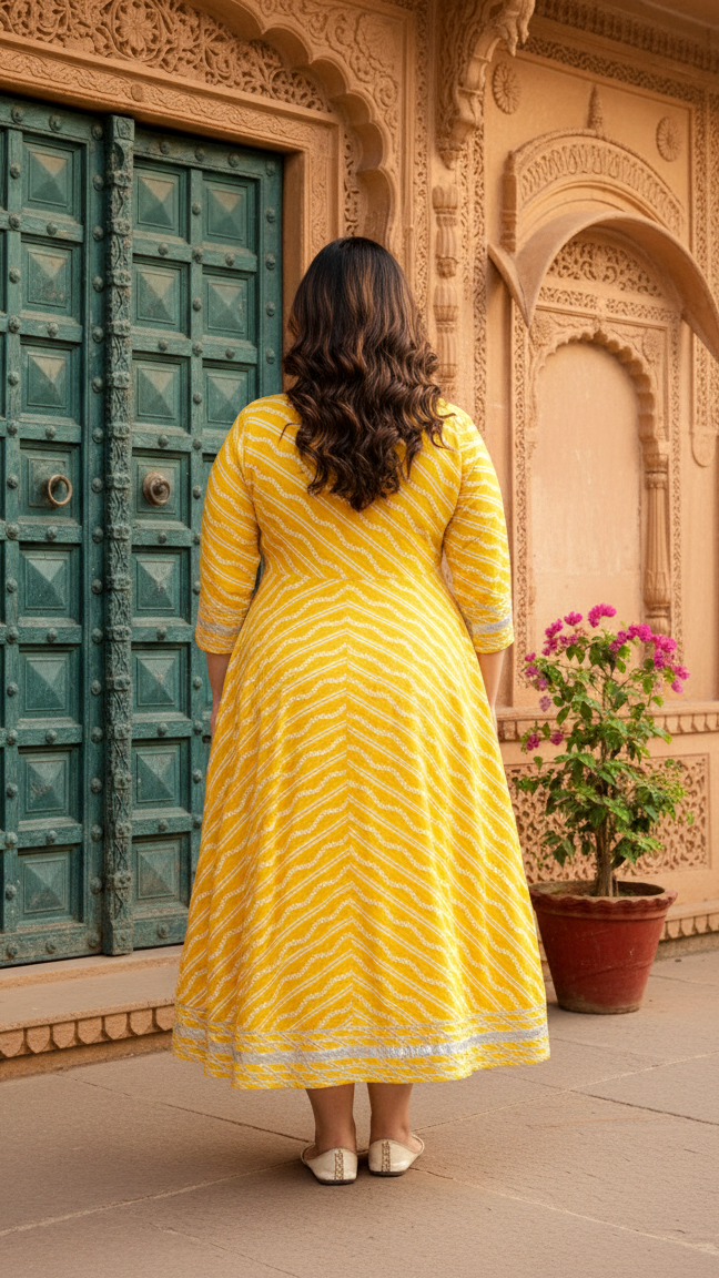 Plus Size Yellow Cotton Blend Lahariya Print Gown (B28-Yellow)