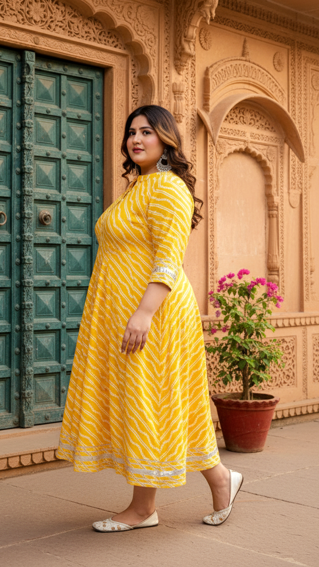 Plus Size Yellow Cotton Blend Lahariya Print Gown (B28-Yellow)