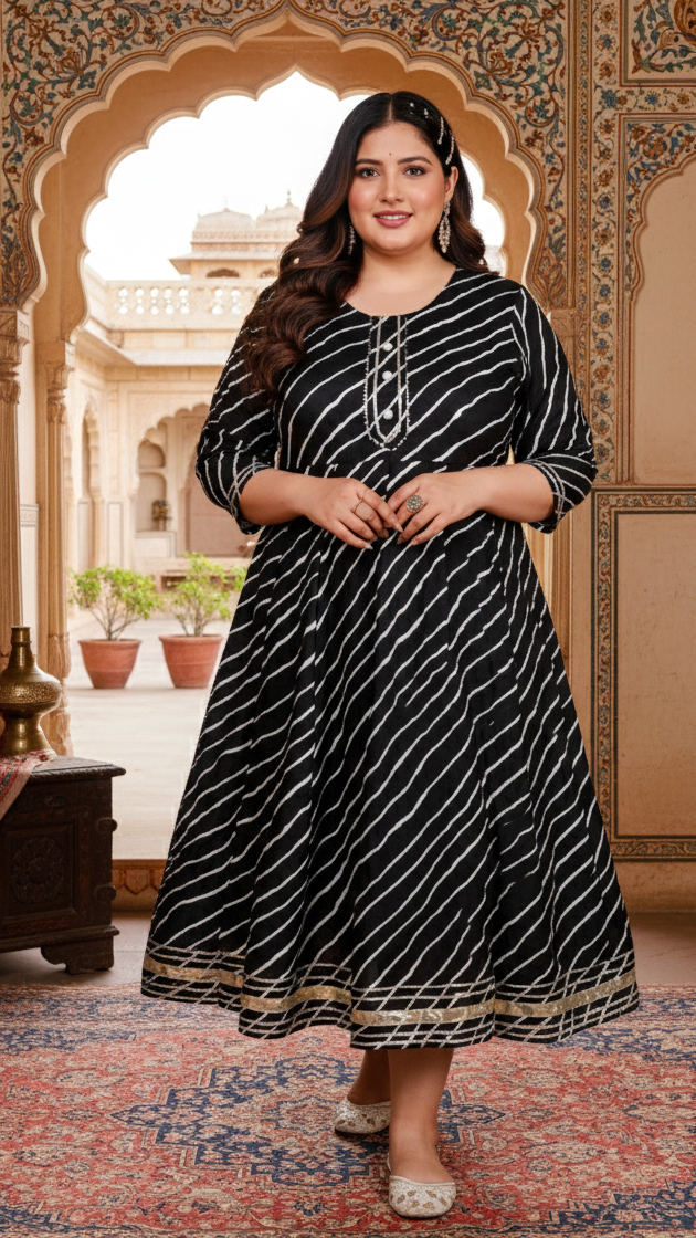 Plus Size Black Cotton Blend Lahariya Print Gown (B29-Black)