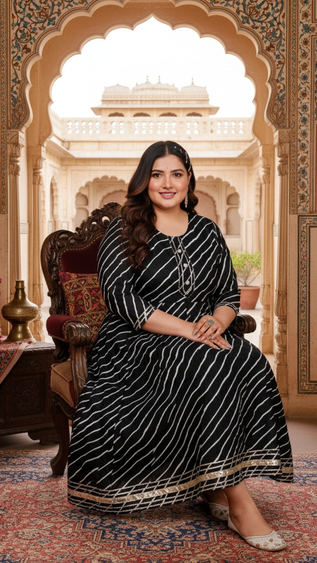 Plus Size Black Cotton Blend Lahariya Print Gown (B29-Black)