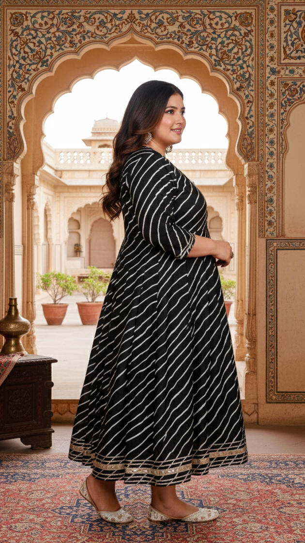 Plus Size Black Cotton Blend Lahariya Print Gown (B29-Black)