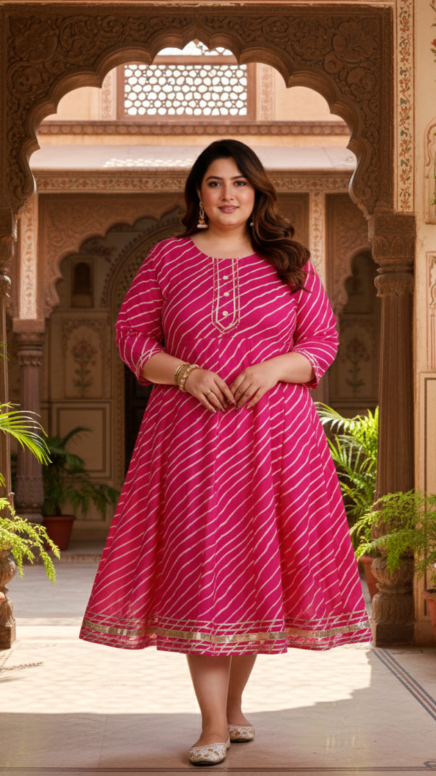 Plus Size Pink Cotton Blend Lahariya Print Gown (B29-Pink)