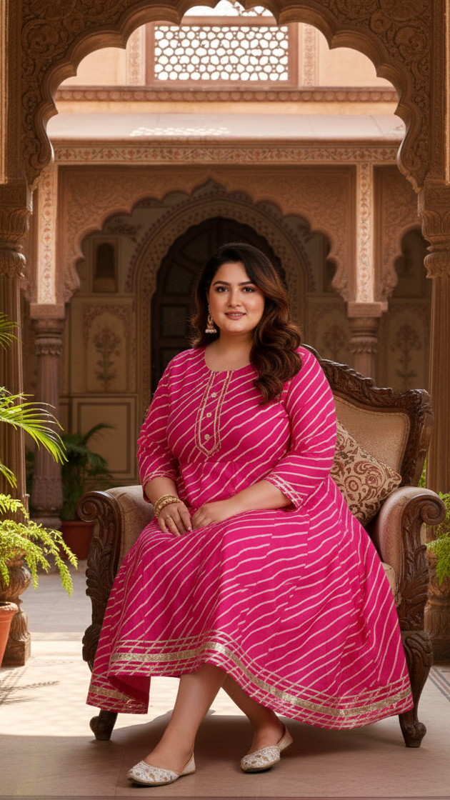 Plus Size Pink Cotton Blend Lahariya Print Gown (B29-Pink)