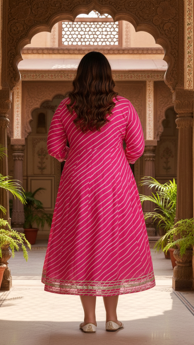 Plus Size Pink Cotton Blend Lahariya Print Gown (B29-Pink)