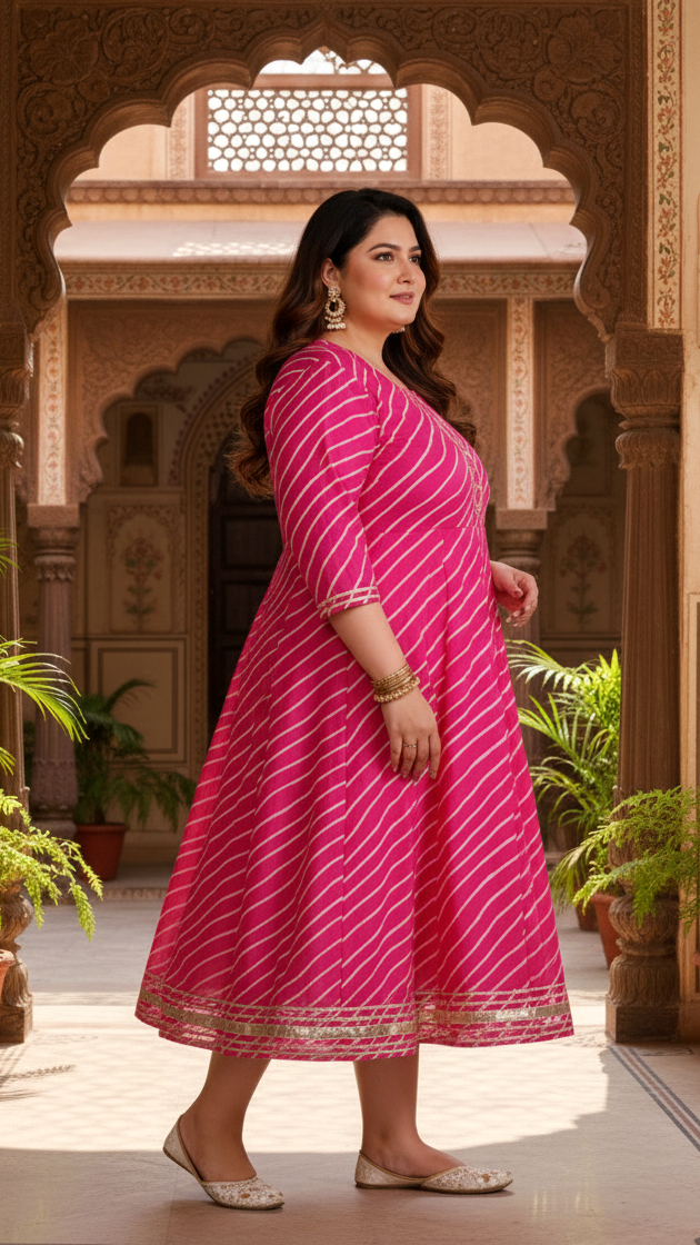 Plus Size Pink Cotton Blend Lahariya Print Gown (B29-Pink)