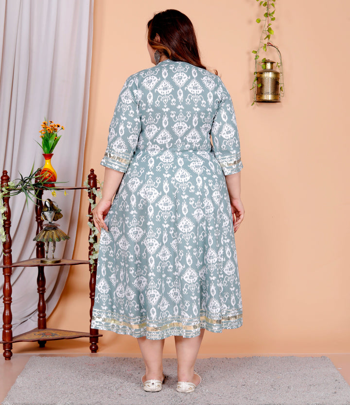 Plus Size Grey Cotton Blend Printed Gown (B30-Grey)