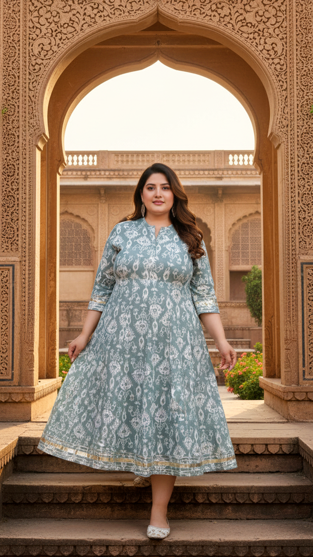 Plus Size Grey Cotton Blend Printed Gown (B30-Grey)