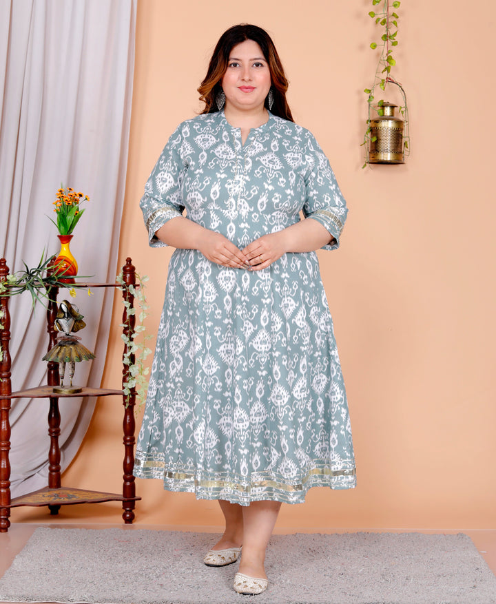 Plus Size Grey Cotton Blend Printed Gown (B30-Grey)