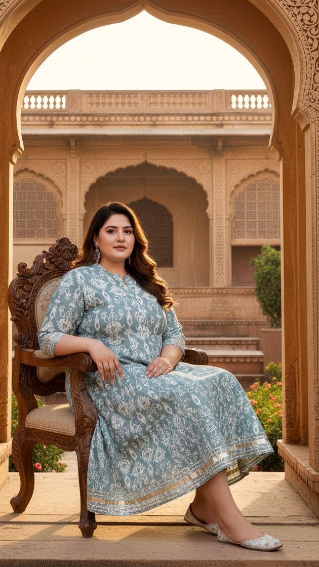 Plus Size Grey Cotton Blend Printed Gown (B30-Grey)