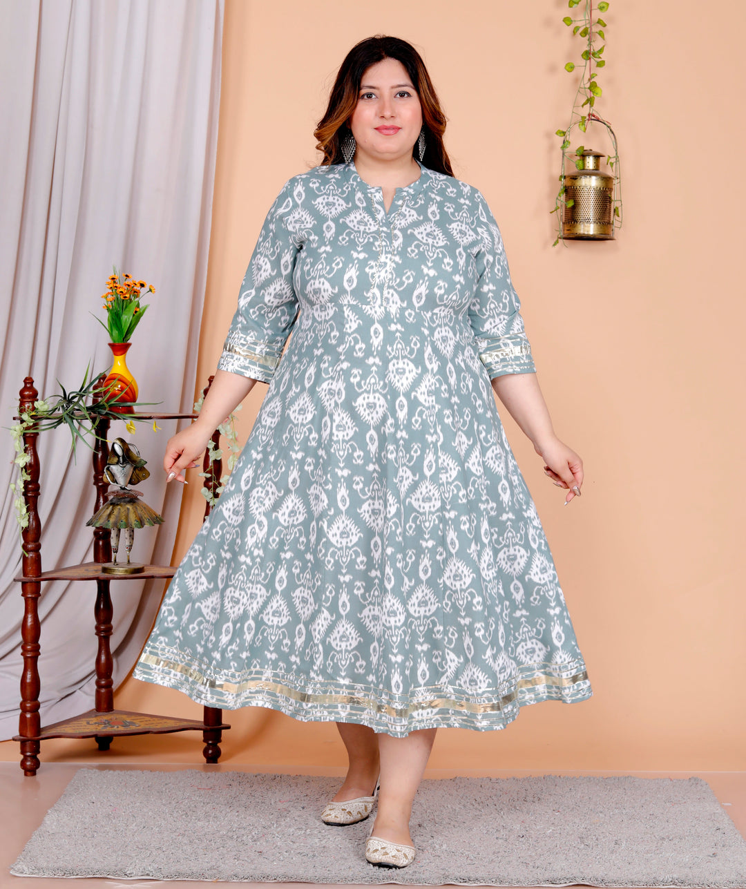 Plus Size Grey Cotton Blend Printed Gown (B30-Grey)