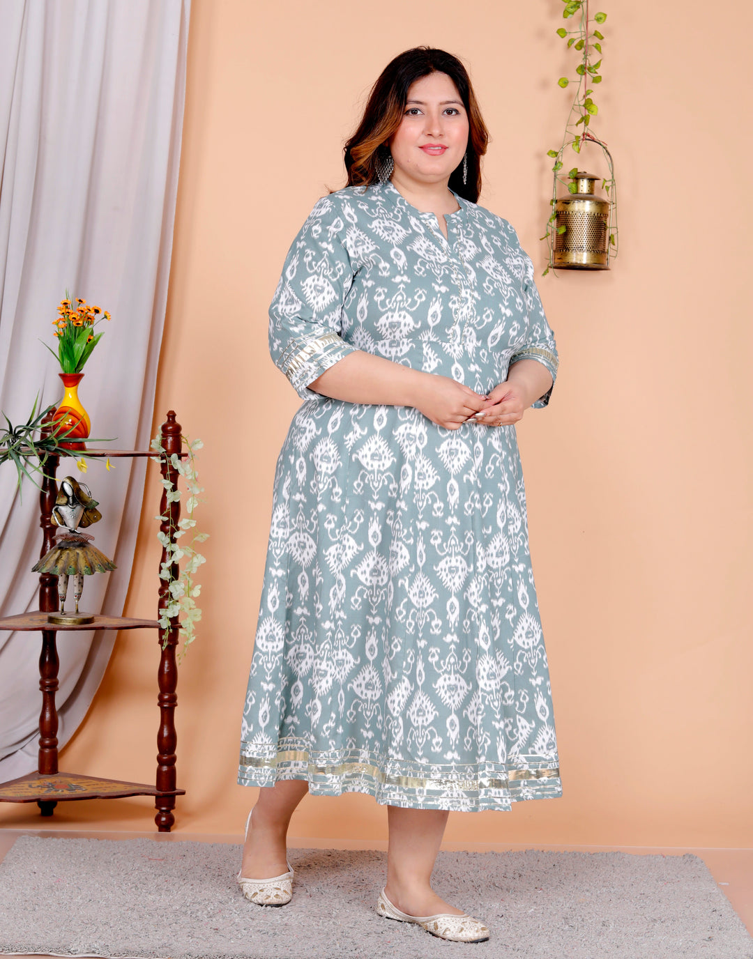 Plus Size Grey Cotton Blend Printed Gown (B30-Grey)