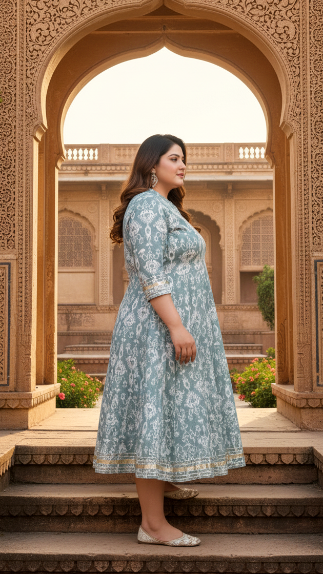 Plus Size Grey Cotton Blend Printed Gown (B30-Grey)