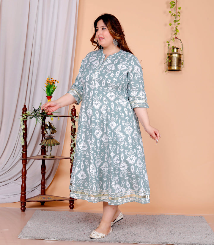 Plus Size Grey Cotton Blend Printed Gown (B30-Grey)
